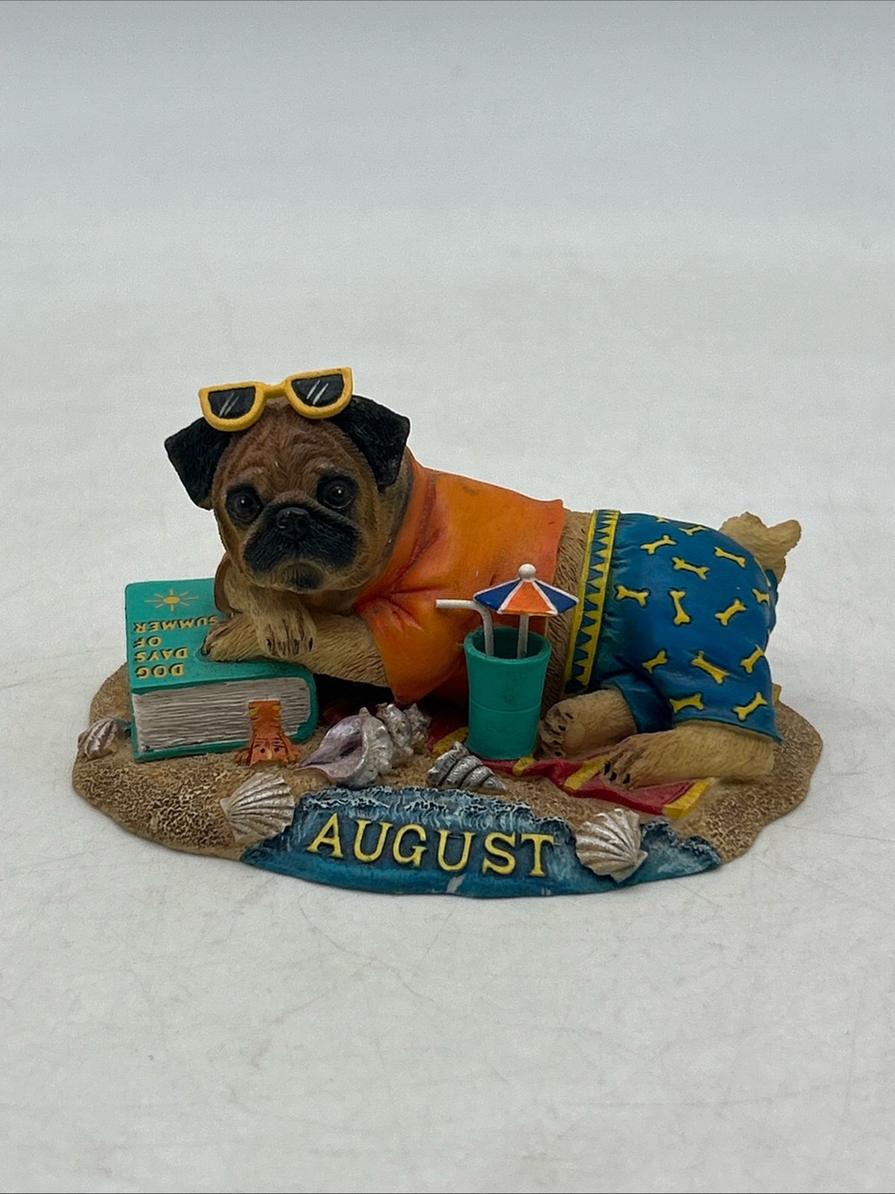 Danbury Mint Pug Perpetual Calendar Figurine of the Month Figure August Beach